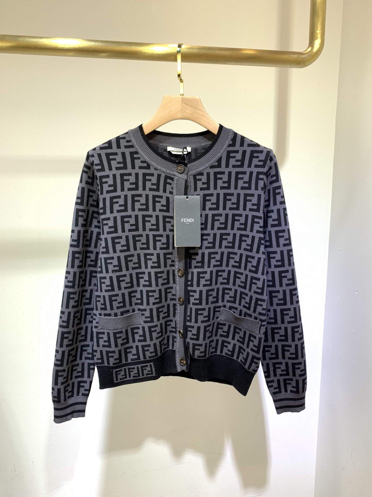 Fendi Women's Designer Fendi FF motif fitted Cardigan FZD753A5 Black and Grey