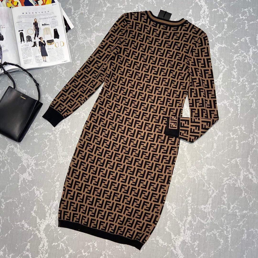 Fendi Women¡¯s FD9627A8 Brown Micro Mesh Dress - Voguebags