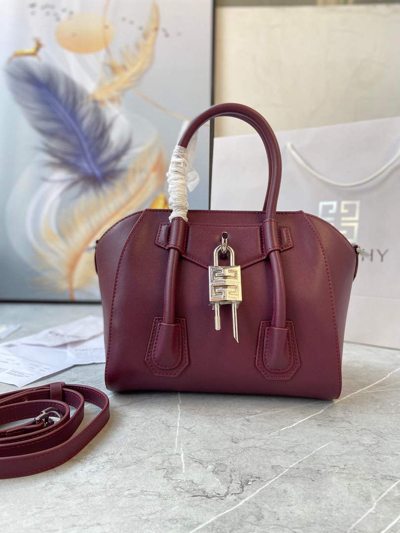 Givenchy BB50J0B00D Mini Antigona Lock Bag in Box Leather Wine red - Default Title - View 1