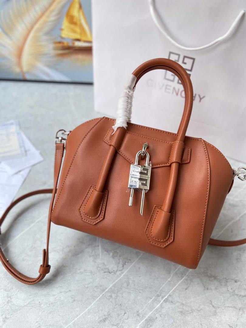 Givenchy BB50J0B00D Mini Antigona Lock Bag in Box Leather Brown