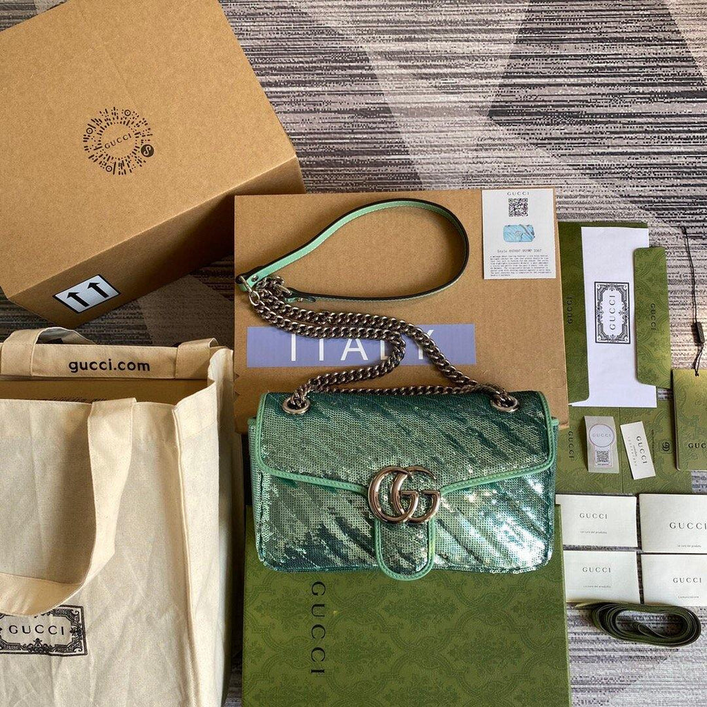 Gucci 443497 GG Marmont Matelass¨¦ shoulder Sequin Bag Green - luxibagsmall