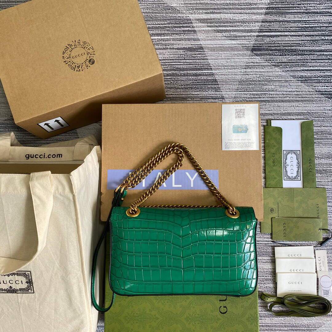 Gucci 443497 GG Marmont Small Crocodile Pattern Matelass¨¦ Shoulder Bag Green - luxibagsmall