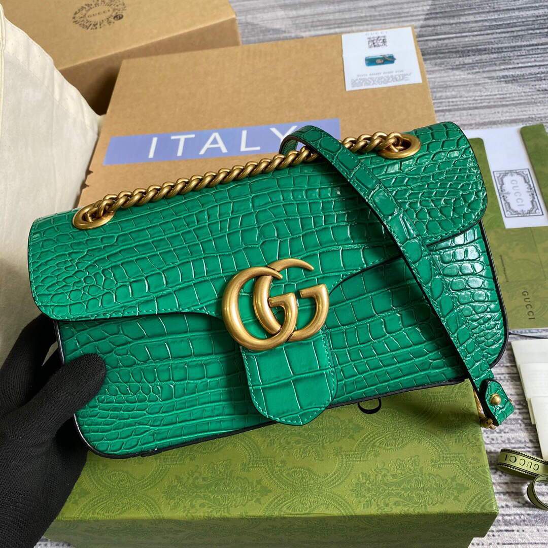 Gucci 443497 GG Marmont Small Crocodile Pattern Matelass¨¦ Shoulder Bag Green - luxibagsmall