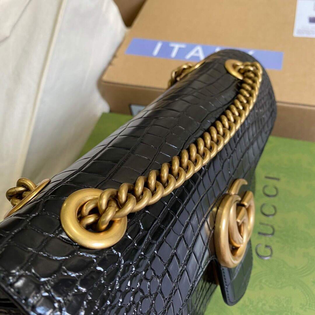 Gucci 443497 GG Marmont Small Crocodile Pattern Matelass¨¦ Shoulder Bag Black - luxibagsmall