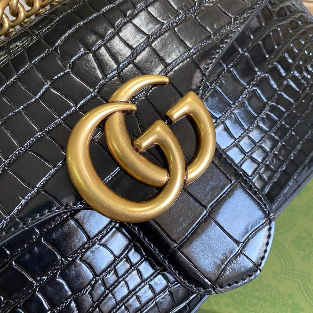 Gucci 443497 GG Marmont Small Crocodile Pattern Matelass¨¦ Shoulder Bag Black - luxibagsmall