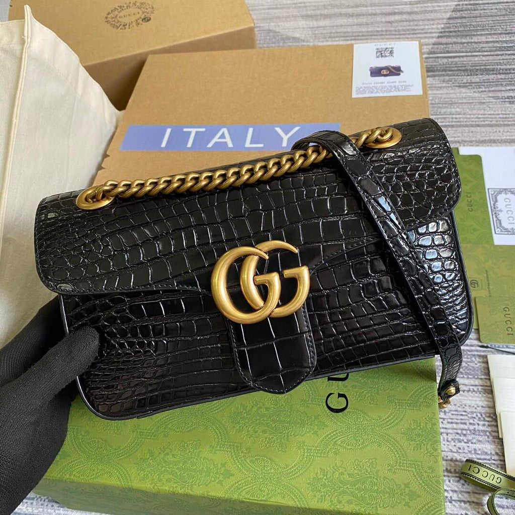 Gucci 443497 GG Marmont Small Crocodile Pattern Matelass¨¦ Shoulder Bag Black - luxibagsmall