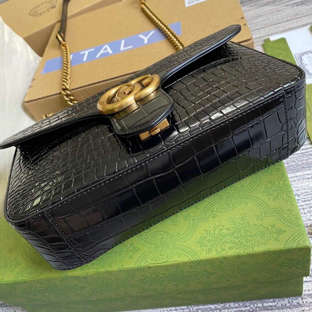 Gucci 443497 GG Marmont Small Crocodile Pattern Matelass¨¦ Shoulder Bag Black - luxibagsmall