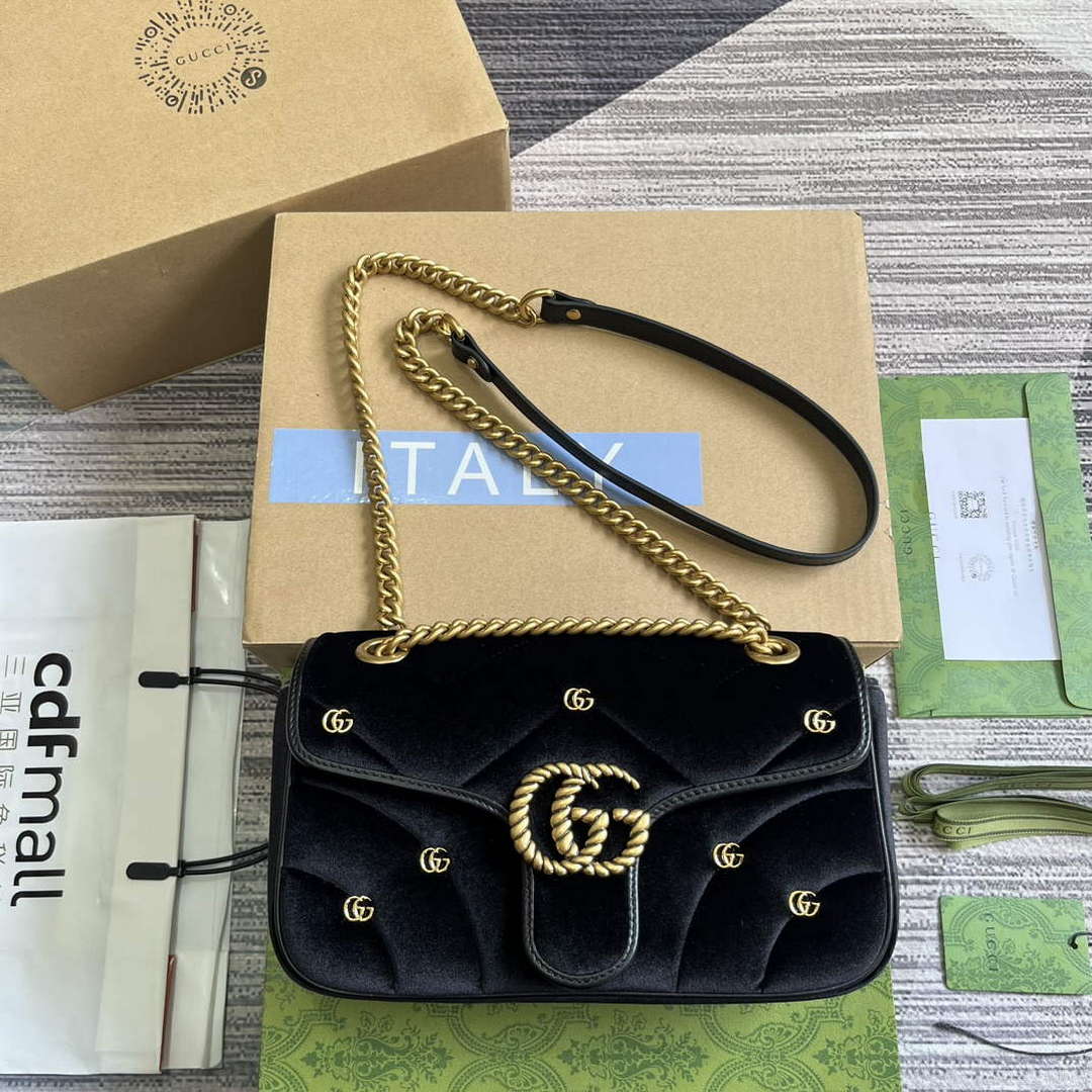 Gucci 443497 GG Marmont Small Shoulder Bag Black Quilted Velvet - Default Title - View 1