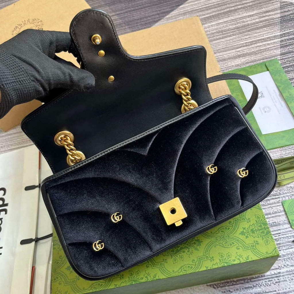 Gucci 443497 GG Marmont Small Shoulder Bag Black Quilted Velvet
