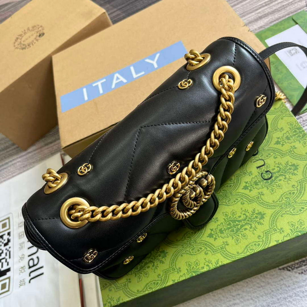 Gucci 443497 GG Marmont Small Shoulder Bag Double G Studs Black