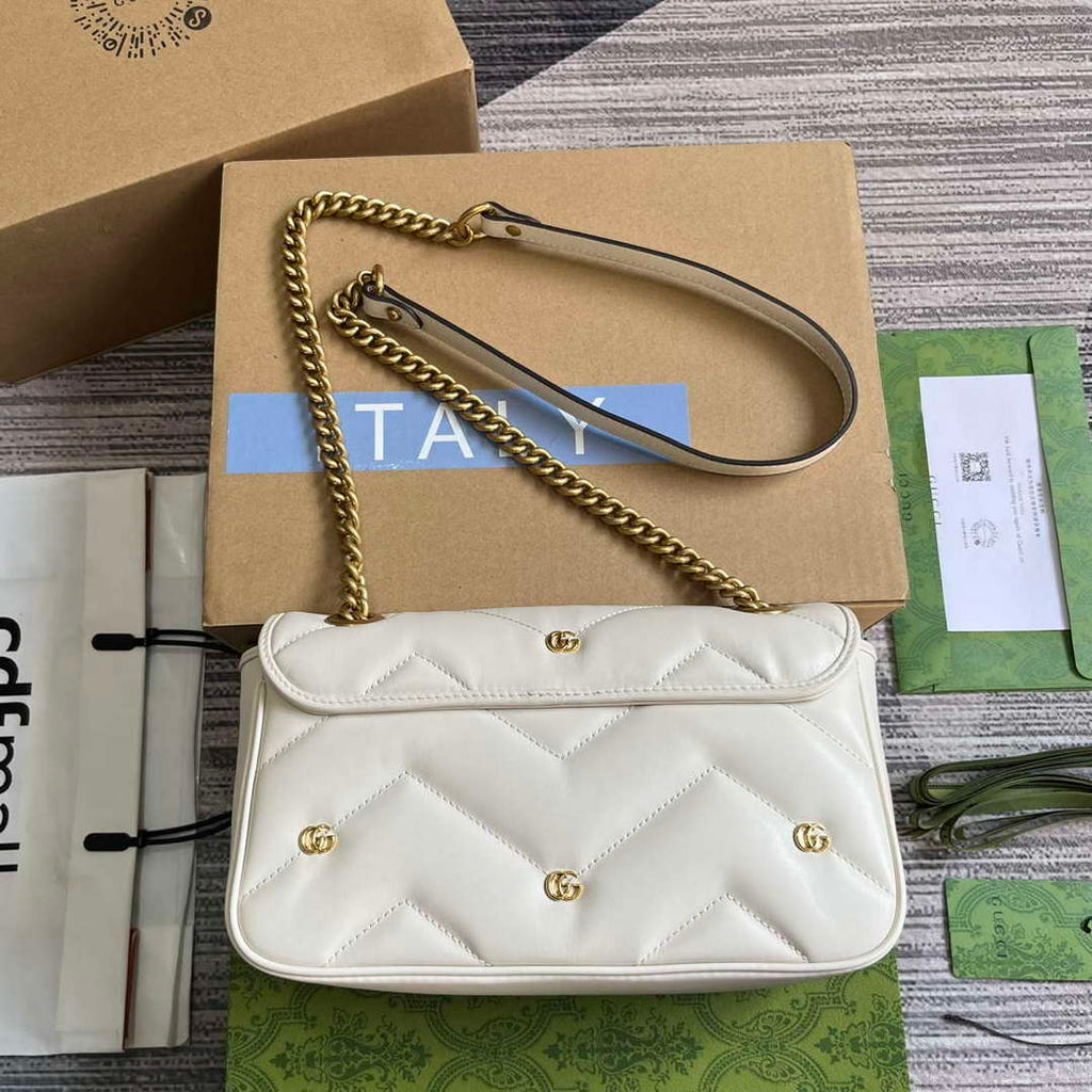Gucci 443497 GG Marmont Small Shoulder Bag Double G Studs White
