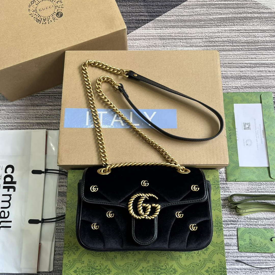 Gucci 446744 GG Marmont Mini Shoulder Bag Black Quilted Velvet - Default Title - View 1