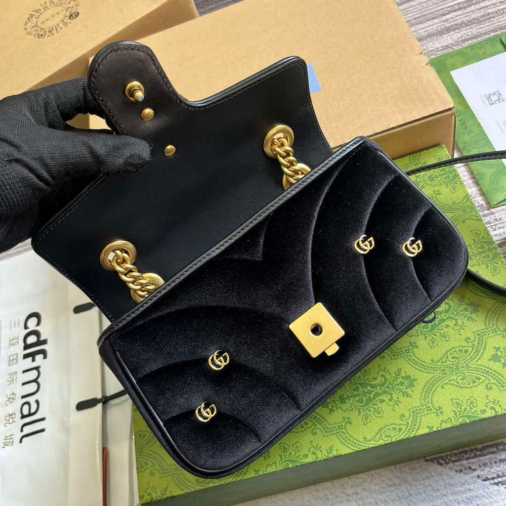 Gucci 446744 GG Marmont Mini Shoulder Bag Black Quilted Velvet