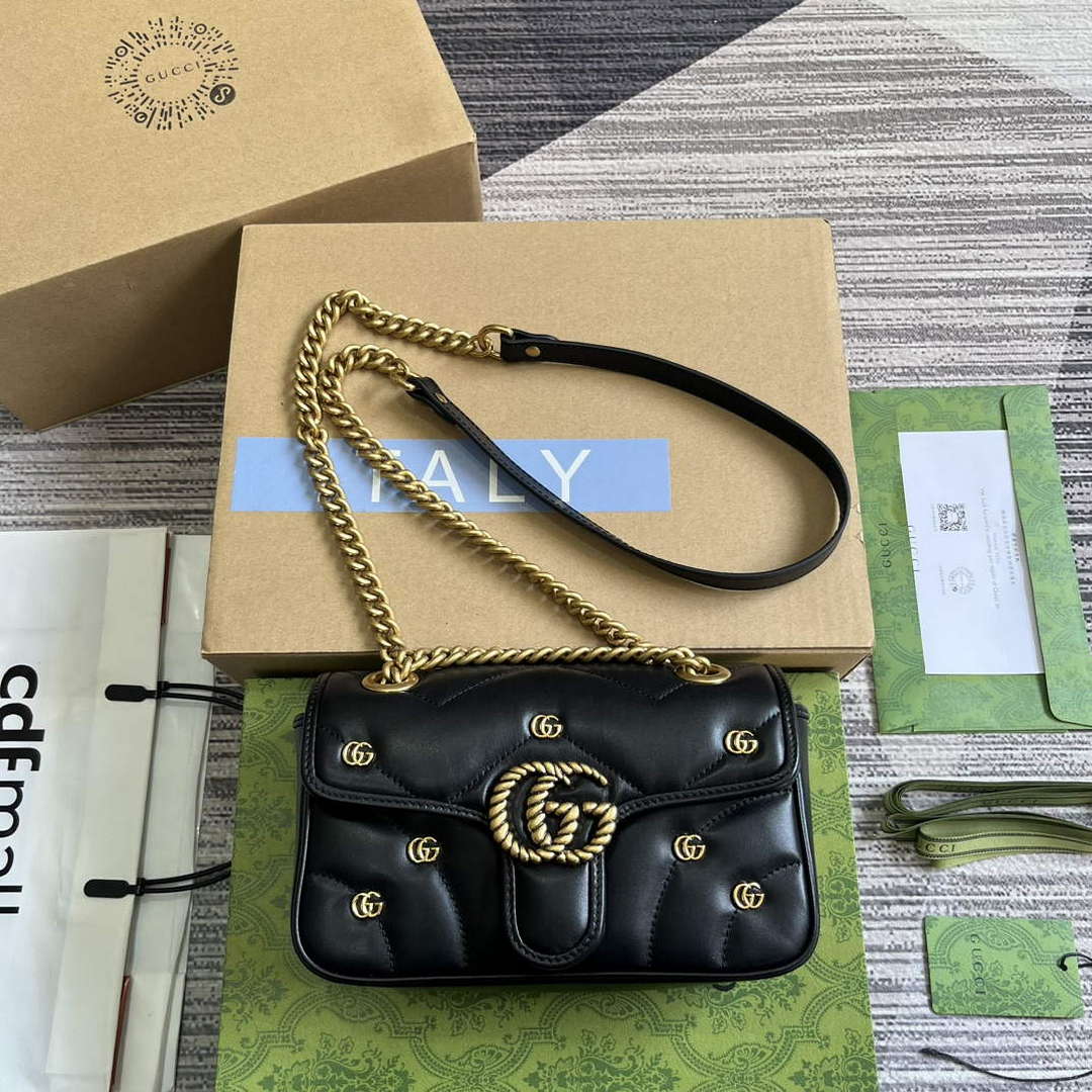 Gucci 446744 GG Marmont Mini Shoulder Bag Double G Studs Black - Default Title - View 1