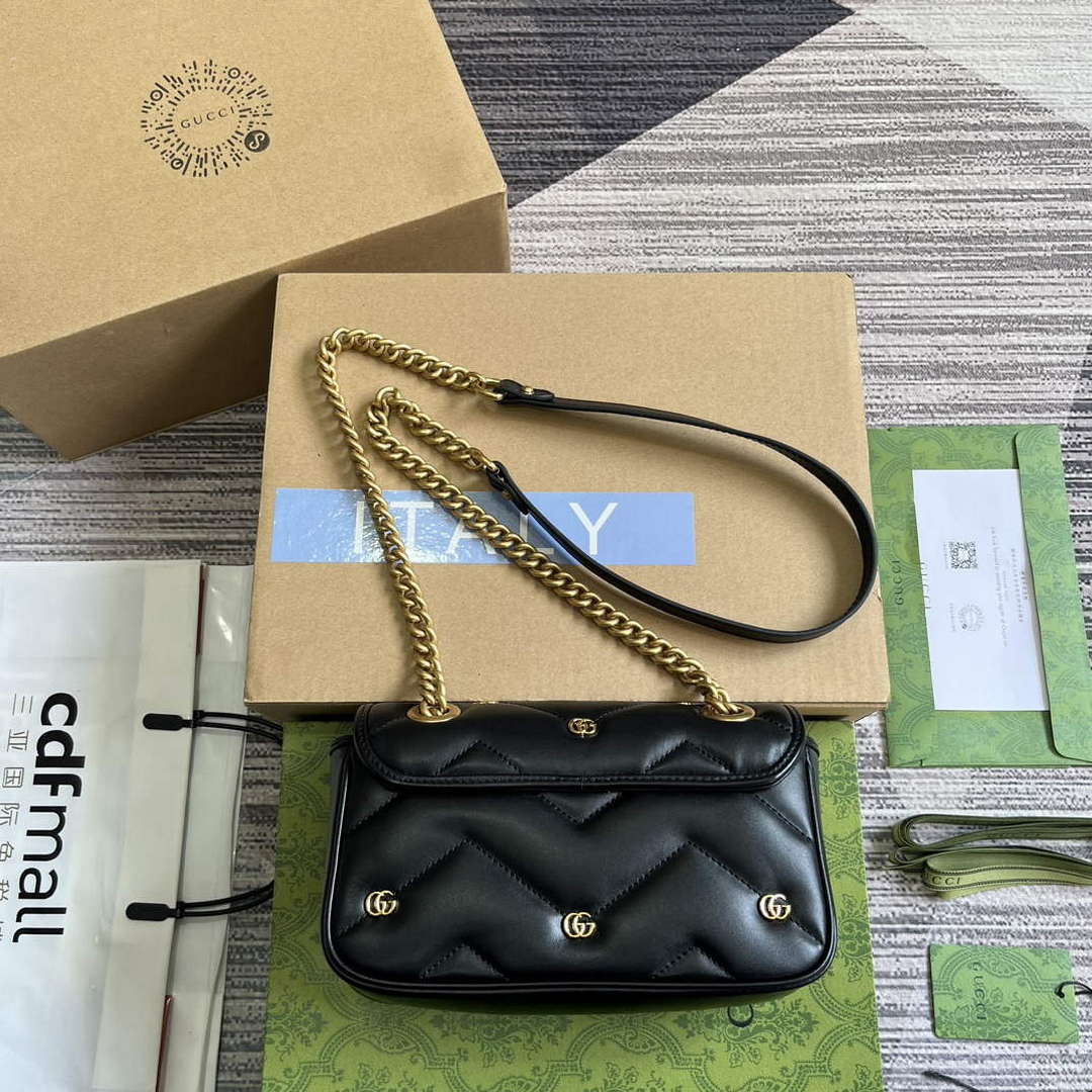Gucci 446744 GG Marmont Mini Shoulder Bag Double G Studs Black