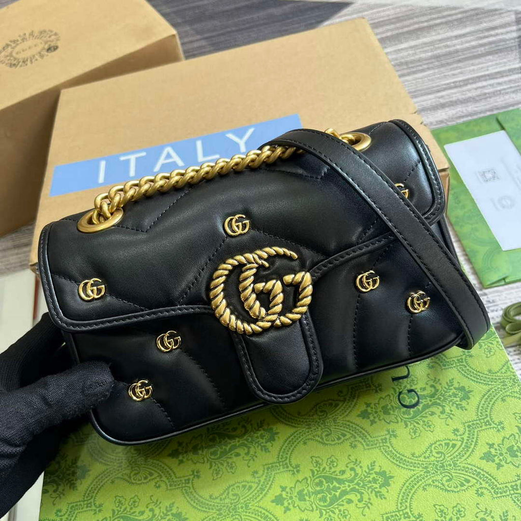 Gucci 446744 GG Marmont Mini Shoulder Bag Double G Studs Black