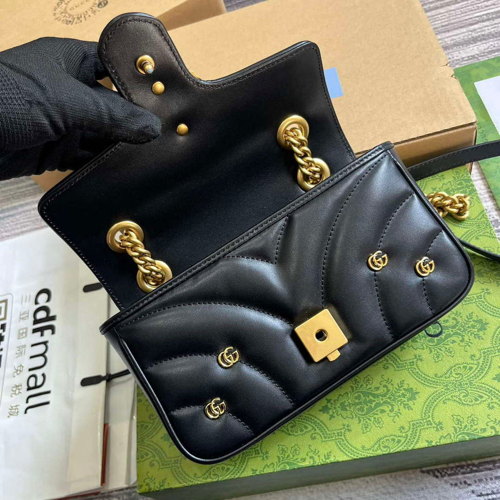 Gucci 446744 GG Marmont Mini Shoulder Bag Double G Studs Black