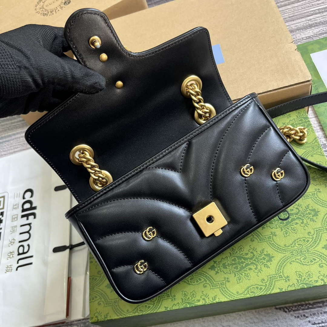 Gucci 446744 GG Marmont Mini Shoulder Bag Double G Studs Black