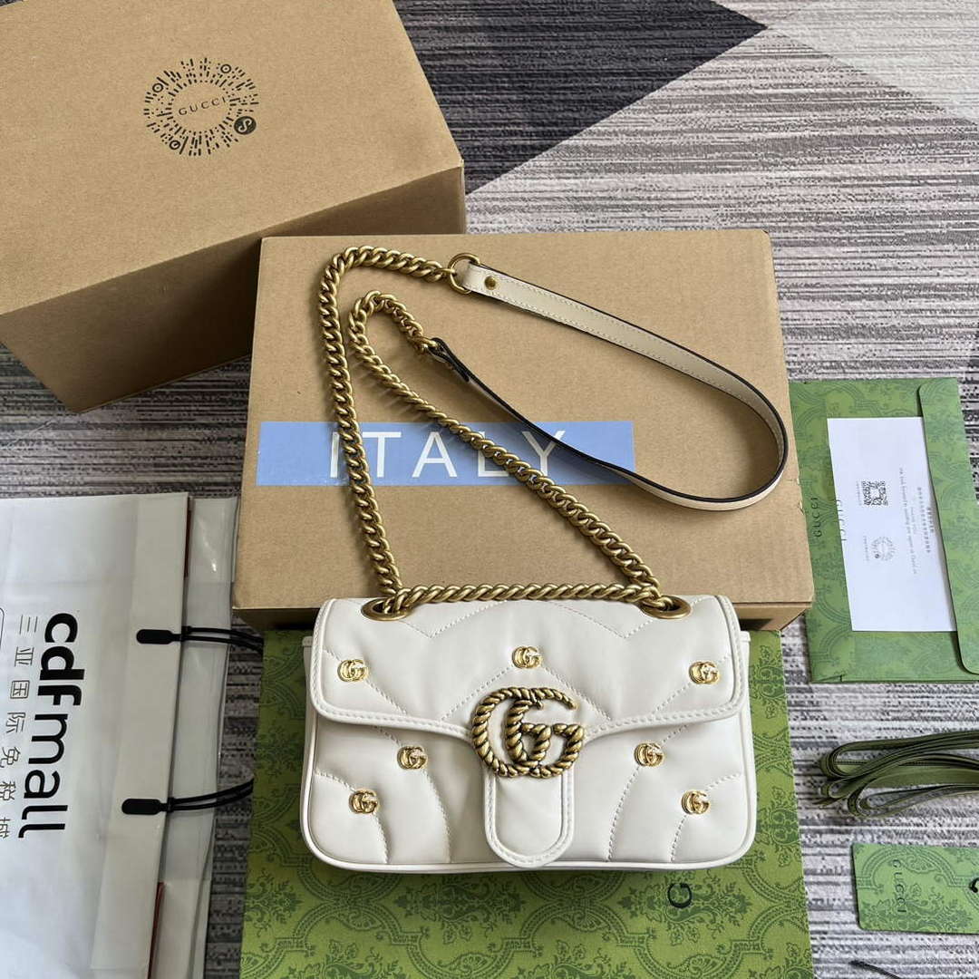 Gucci 446744 GG Marmont Mini Shoulder Bag Double G Studs White - Default Title - View 1