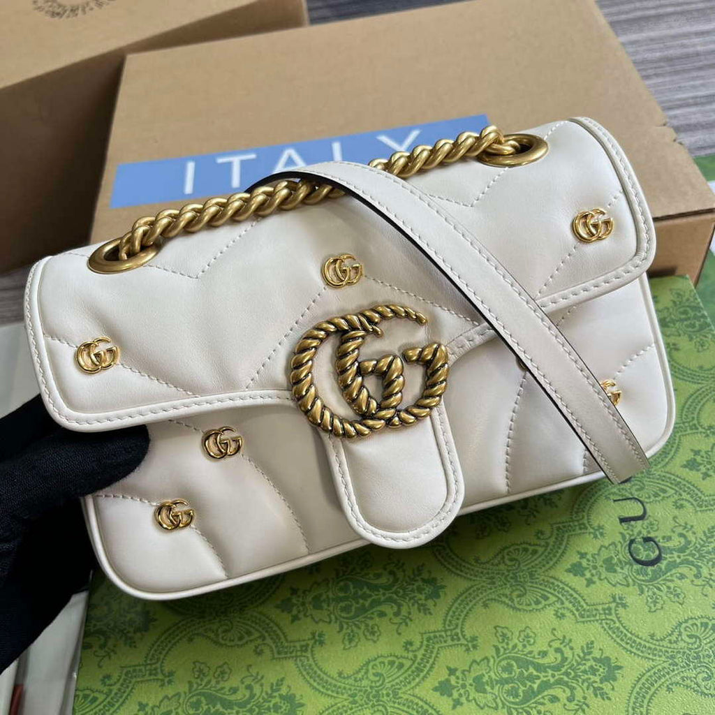 Gucci 446744 GG Marmont Mini Shoulder Bag Double G Studs White