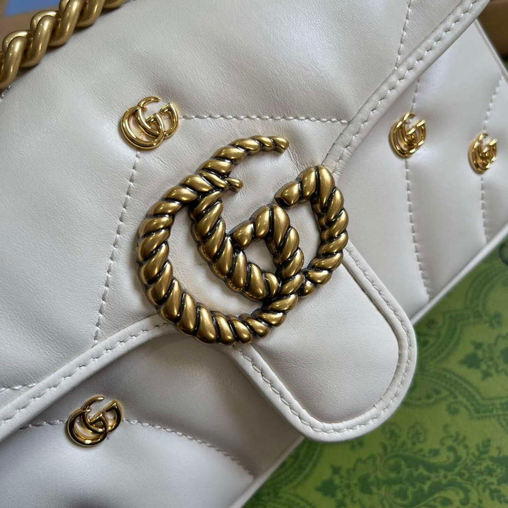Gucci 446744 GG Marmont Mini Shoulder Bag Double G Studs White