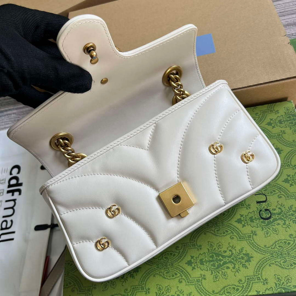Gucci 446744 GG Marmont Mini Shoulder Bag Double G Studs White