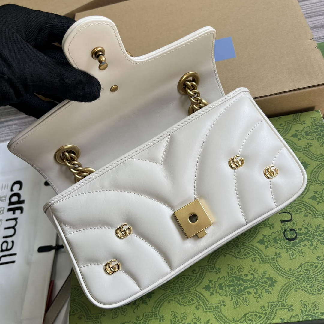 Gucci 446744 GG Marmont Mini Shoulder Bag Double G Studs White