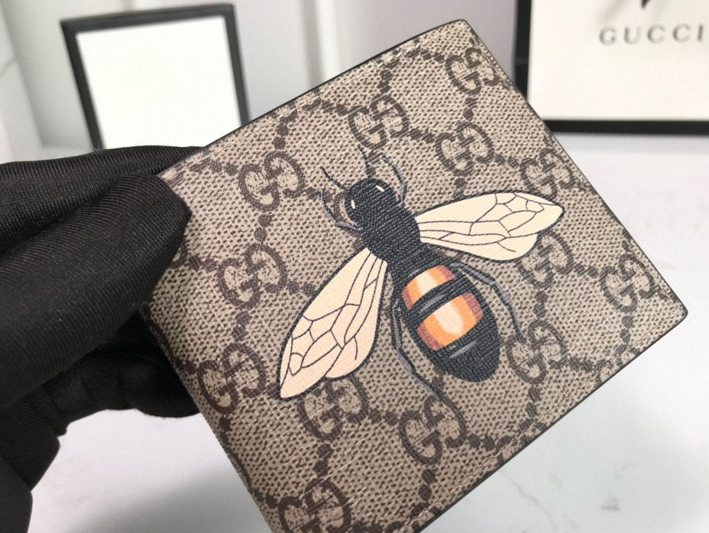 Gucci 451268 Bee Print GG Supreme Wallet Beige/ebony
