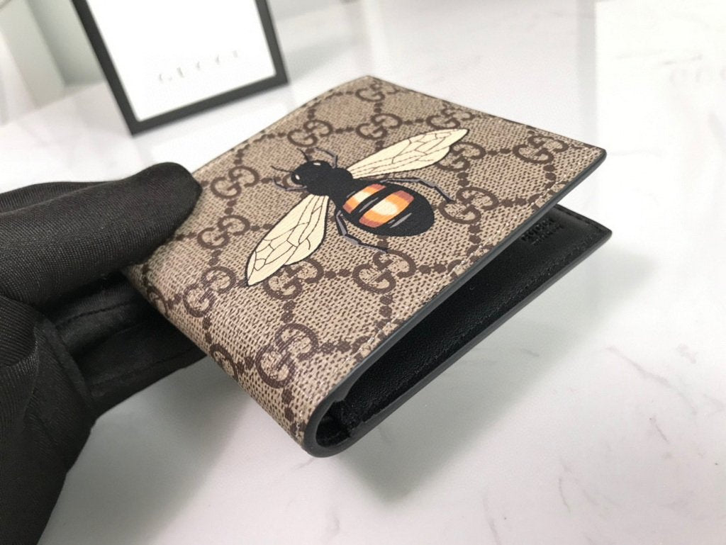 Gucci 451268 Bee Print GG Supreme Wallet Beige/ebony