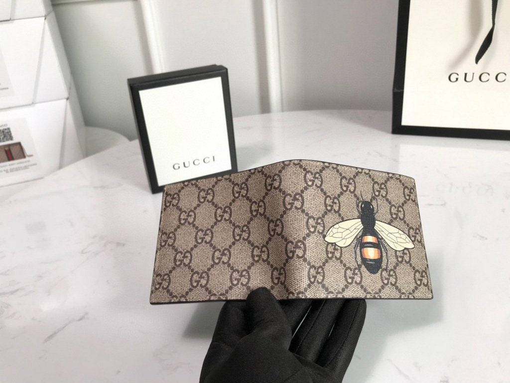 Gucci 451268 Bee Print GG Supreme Wallet Beige/ebony