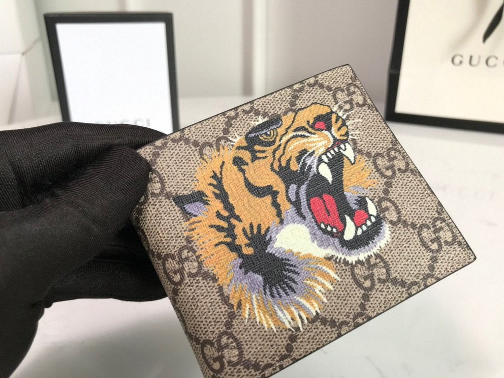 Gucci 451268 Tiger Print GG Supreme Wallet Beige/ebony