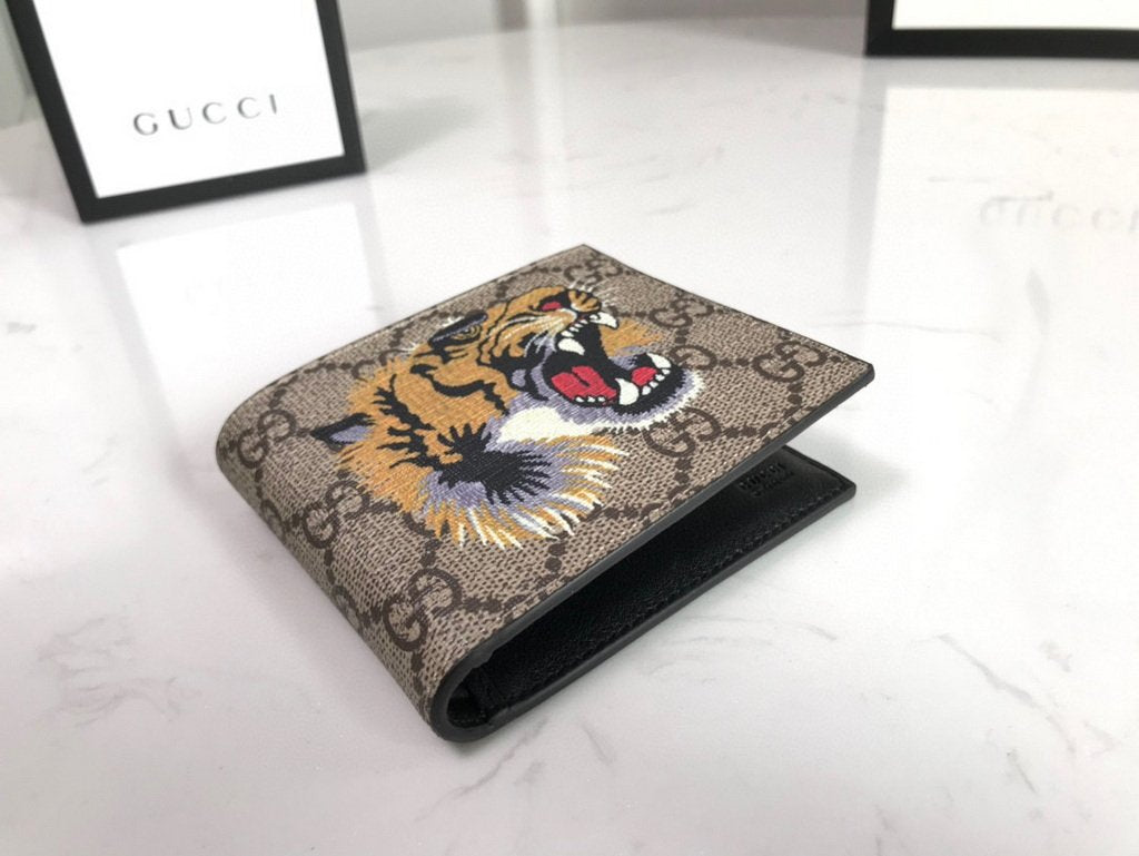 Gucci 451268 Tiger Print GG Supreme Wallet Beige/ebony