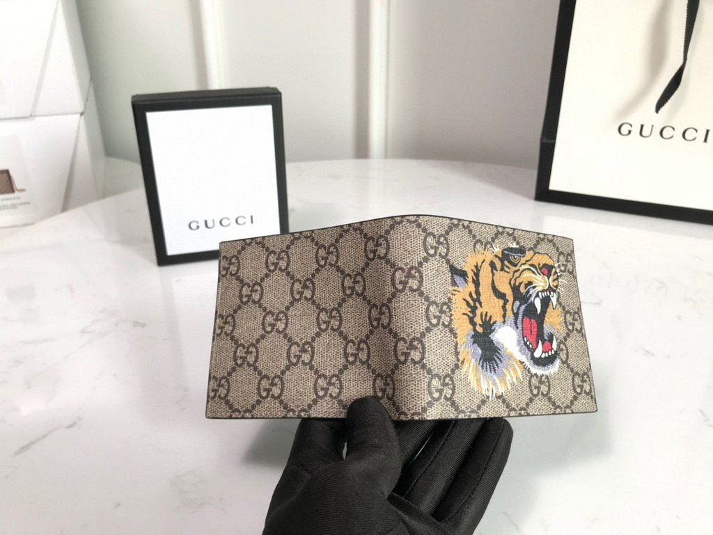 Gucci 451268 Tiger Print GG Supreme Wallet Beige/ebony