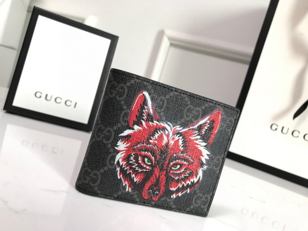 Gucci 451268 Wolf Print GG Supreme Wallet Black