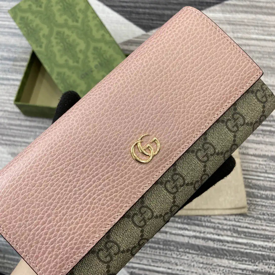Gucci 456116 Bi-color GG Marmont continental wallet Beige and Pink leather