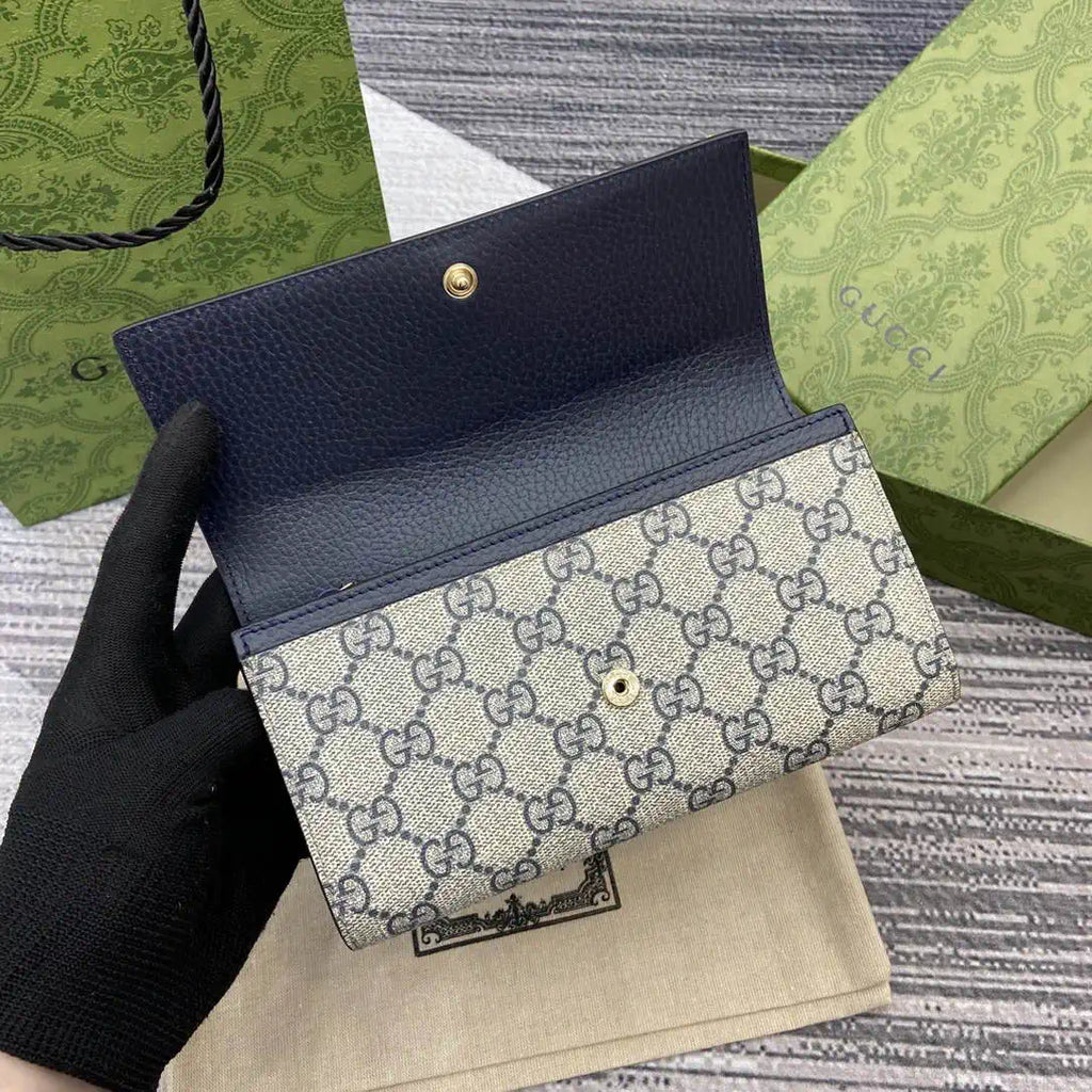 Gucci 456116 Bi-color GG Marmont continental wallet Beige and navy leather