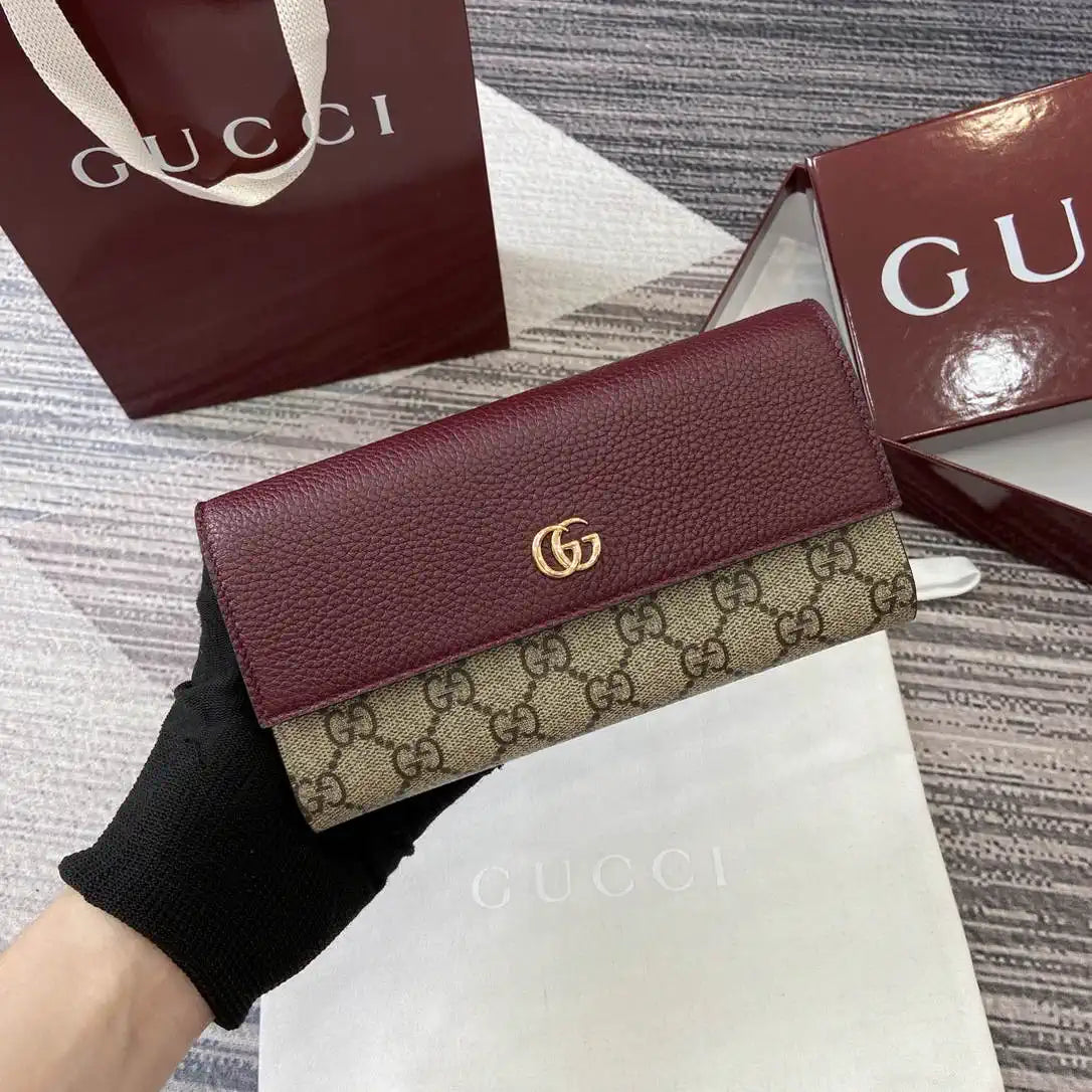 Gucci 456116 Bi-color GG Marmont continental wallet Beige and Wine Red leather