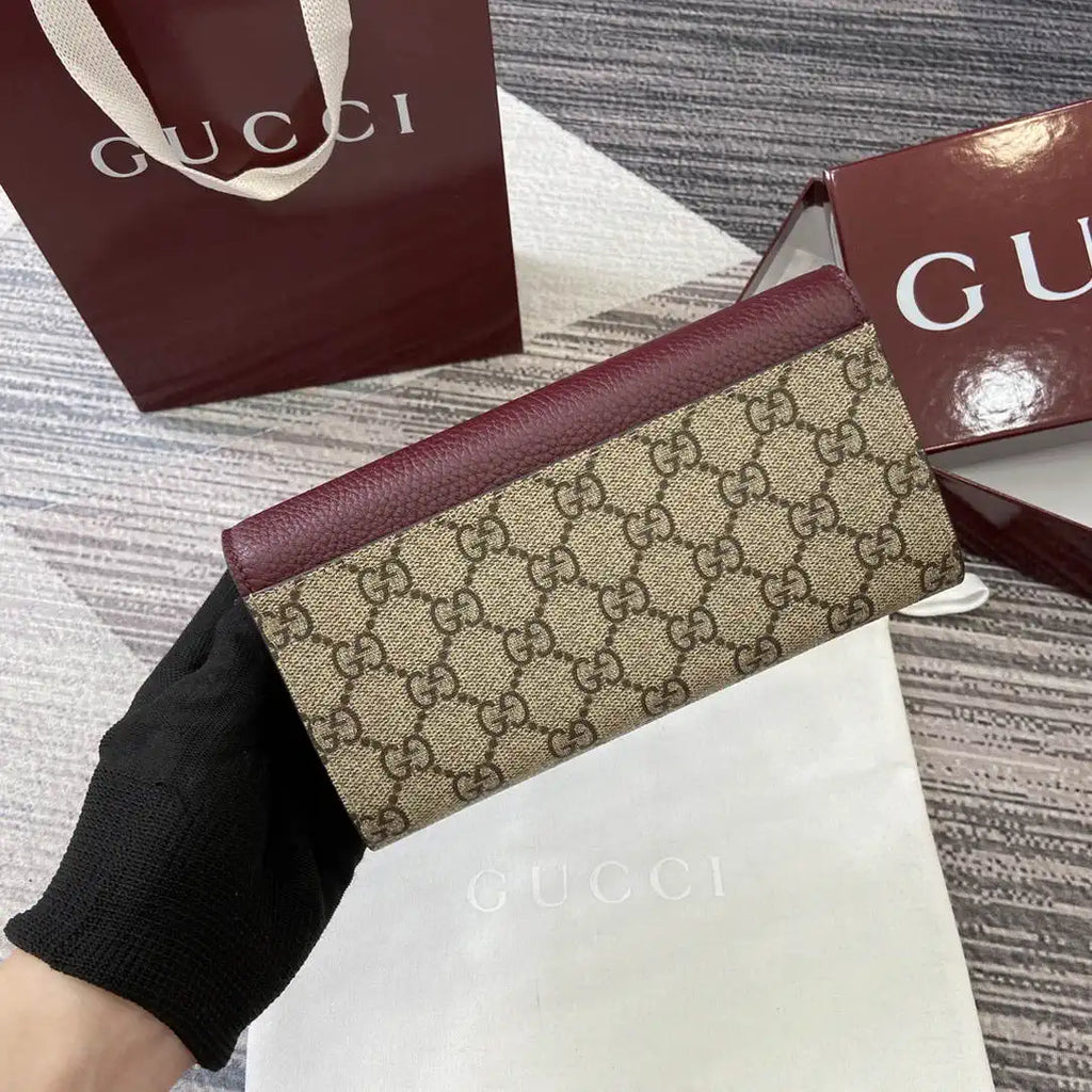 Gucci 456116 Bi-color GG Marmont continental wallet Beige and Wine Red leather