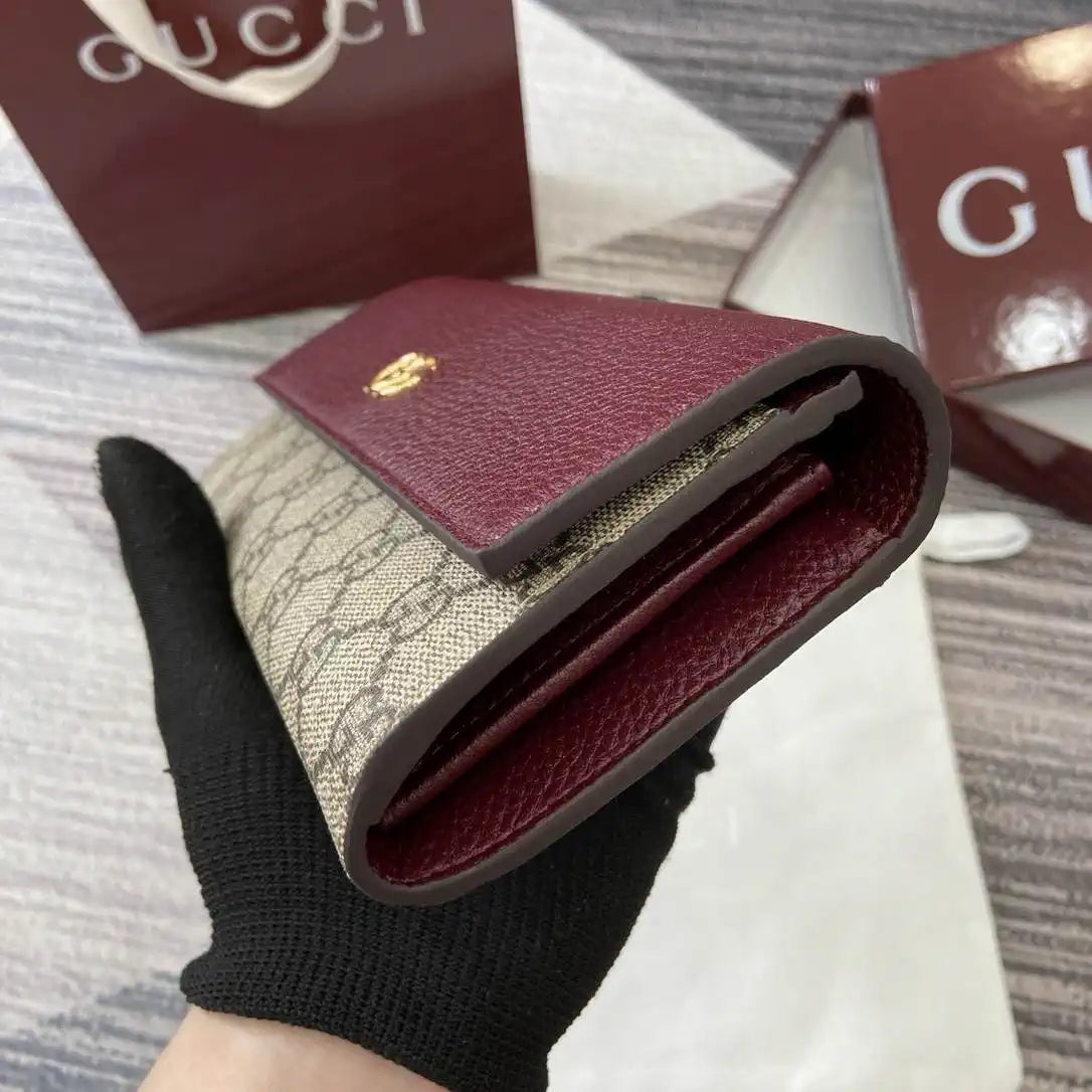 Gucci 456116 Bi-color GG Marmont continental wallet Beige and Wine Red leather