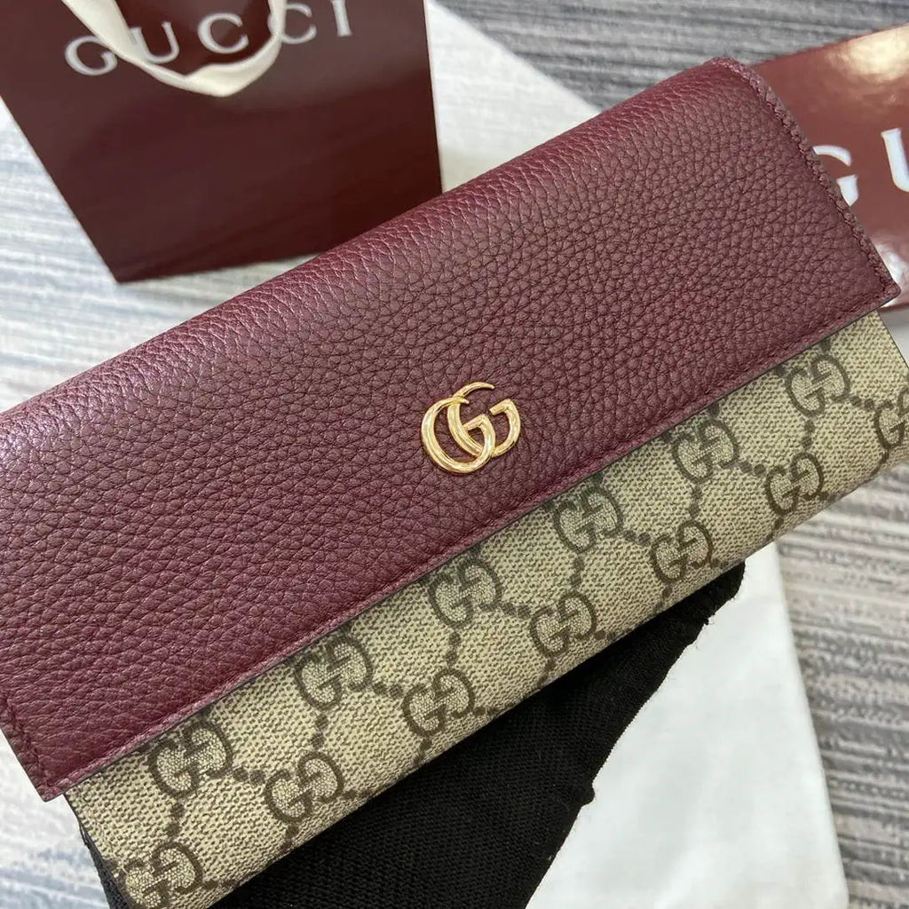 Gucci 456116 Bi-color GG Marmont continental wallet Beige and Wine Red leather