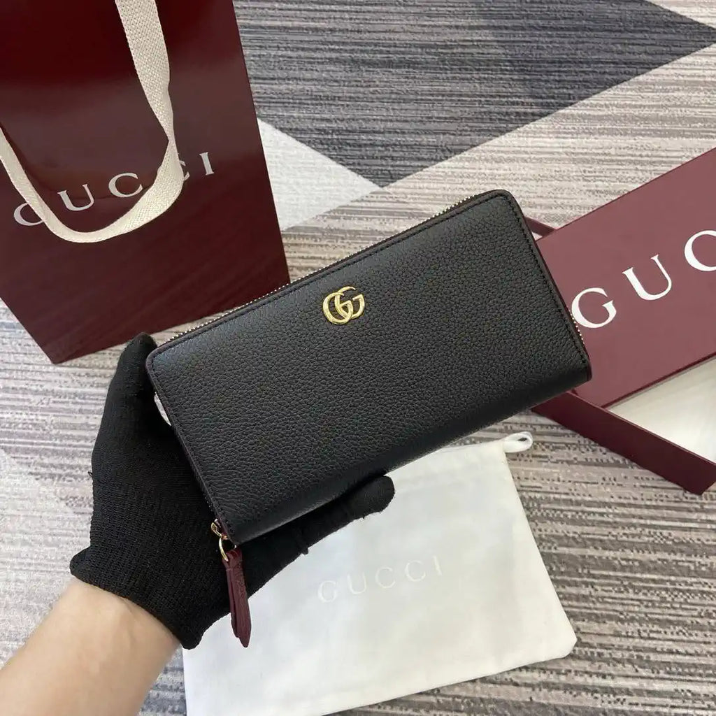 Gucci 456117 GG Marmont Leather Zip Around Wallet Black with Gold