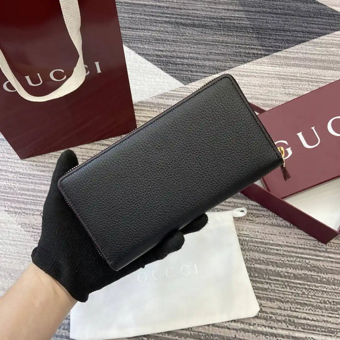 Gucci 456117 GG Marmont Leather Zip Around Wallet Black with Gold