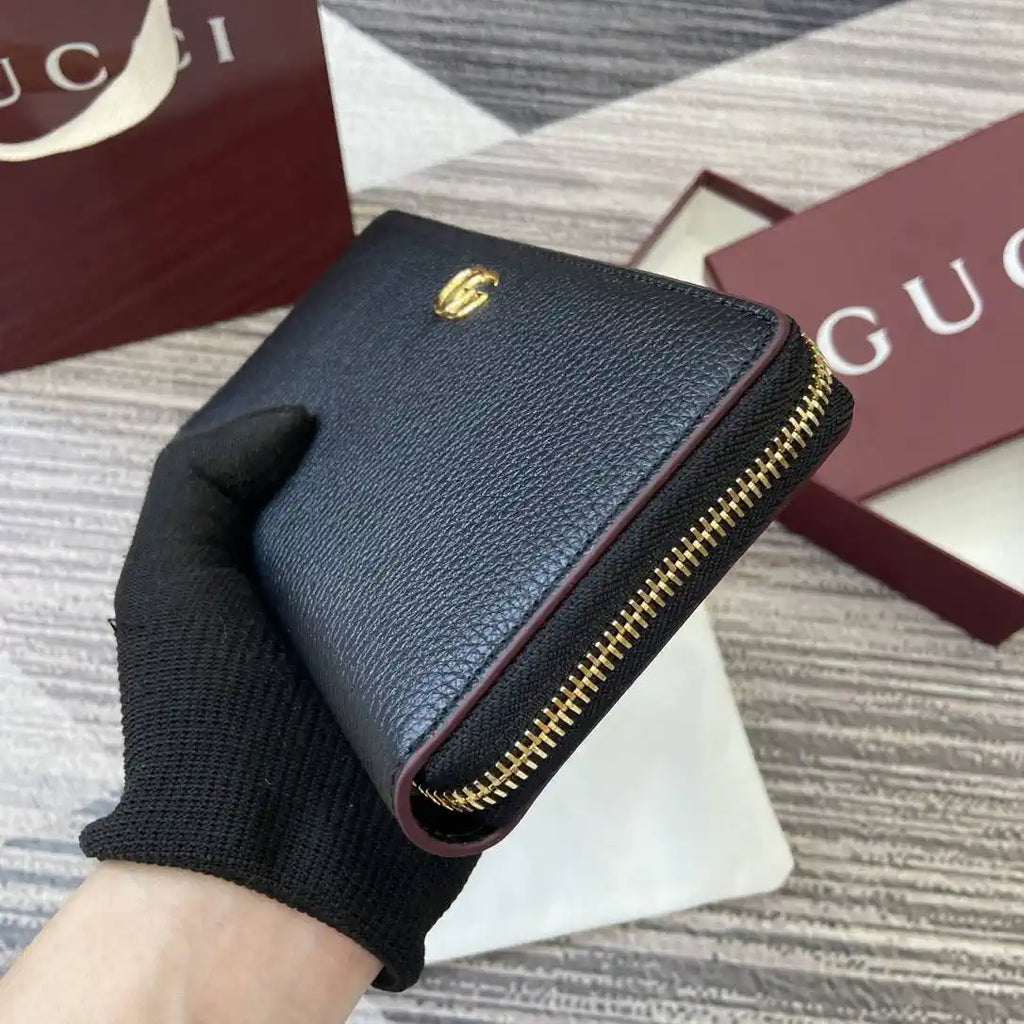 Gucci 456117 GG Marmont Leather Zip Around Wallet Black with Gold