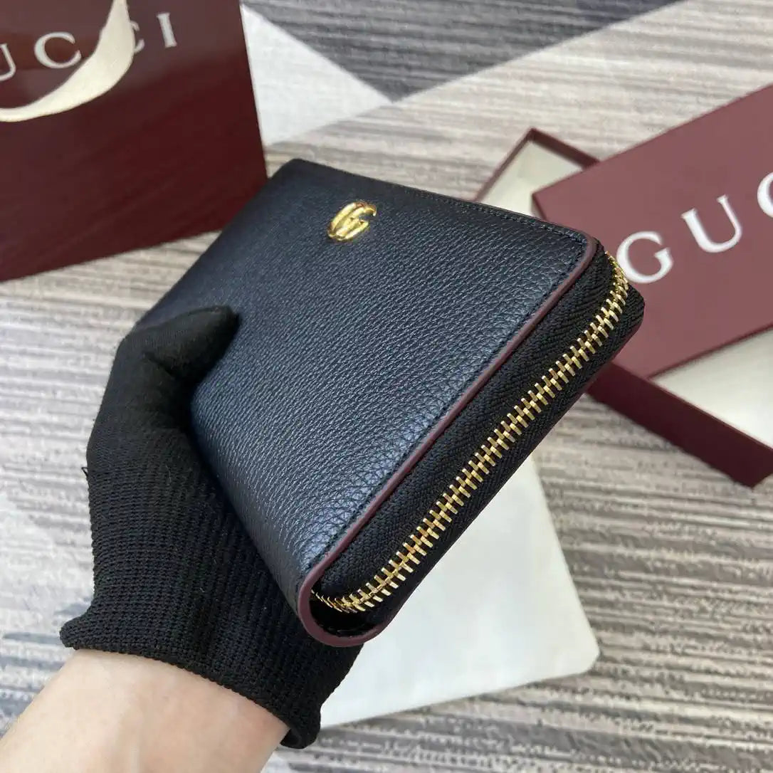 Gucci 456117 GG Marmont Leather Zip Around Wallet Black with Gold