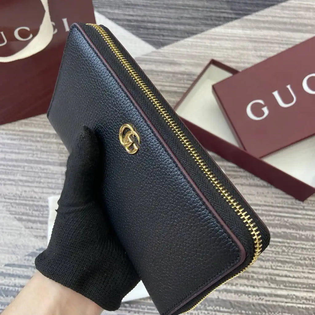 Gucci 456117 GG Marmont Leather Zip Around Wallet Black with Gold
