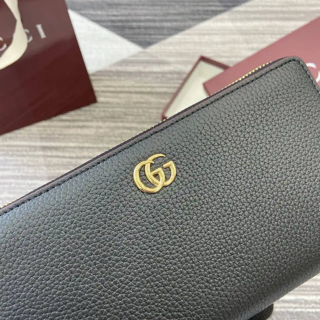 Gucci 456117 GG Marmont Leather Zip Around Wallet Black with Gold
