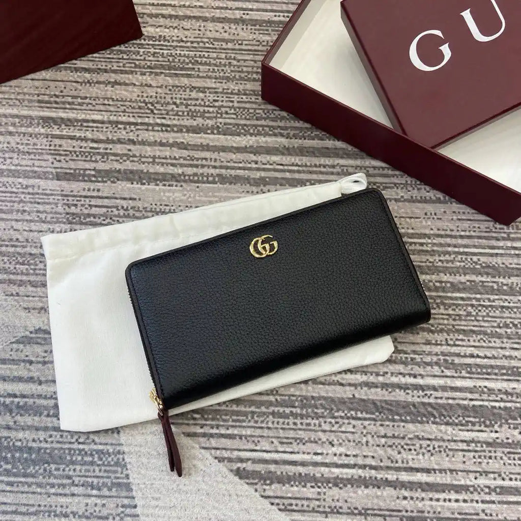 Gucci 456117 GG Marmont Leather Zip Around Wallet Black with Gold