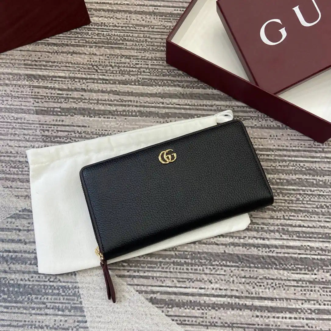 Gucci 456117 GG Marmont Leather Zip Around Wallet Black with Gold