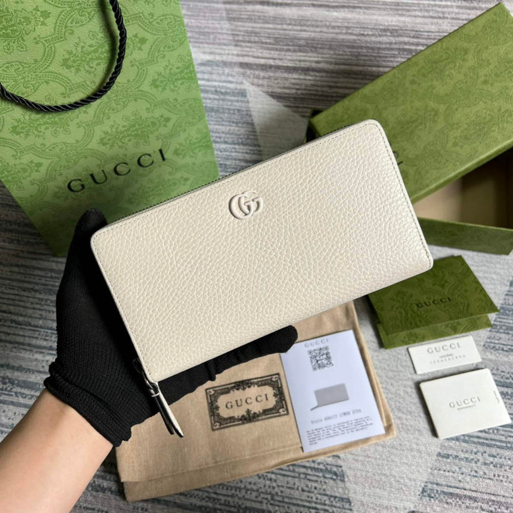 Gucci 456117 GG Marmont Leather Zip Around Wallet White