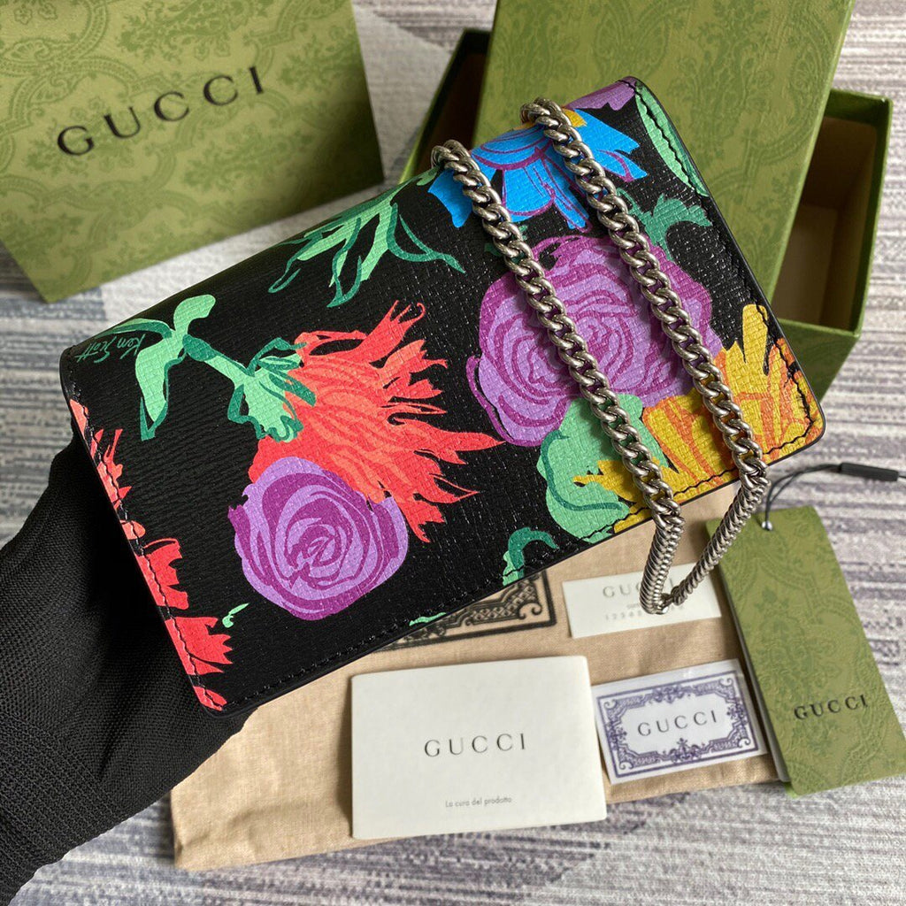 Gucci 476432 Ken Scott Print Dionysus Super Mini Bag Black Leather